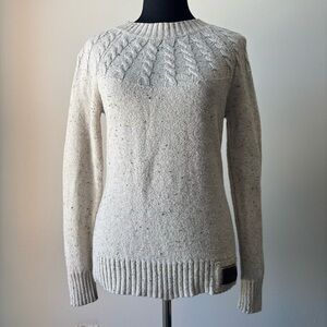Superdry Cable Knit Sweater M Oatmeal Fleck Leather Patch